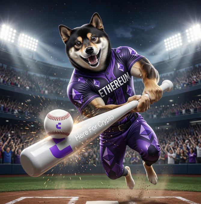 An illustrated Shiba Inu dog wearing a purple Ethereum-patterned baseball uniform swinging a bat labeled 'Here For Crypto' at a baseball in a stadium setting.