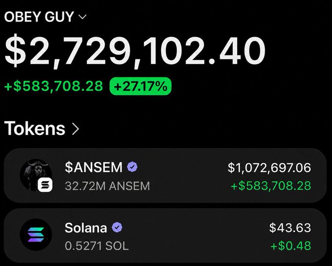 The image shows a crypto portfolio screenshot for "OBEY GUY" displaying a total value of $2,729,102.40 (up 27.17%/$583,708.28), including holdings of $ANSEM (32.72M tokens worth $1,072,697.06) and Solana (0.5271 SOL worth $43.63). It appears to be a flex post promoting an upcoming "airdrop" giveaway, likely used to bait engagement and follows by showcasing large gains.