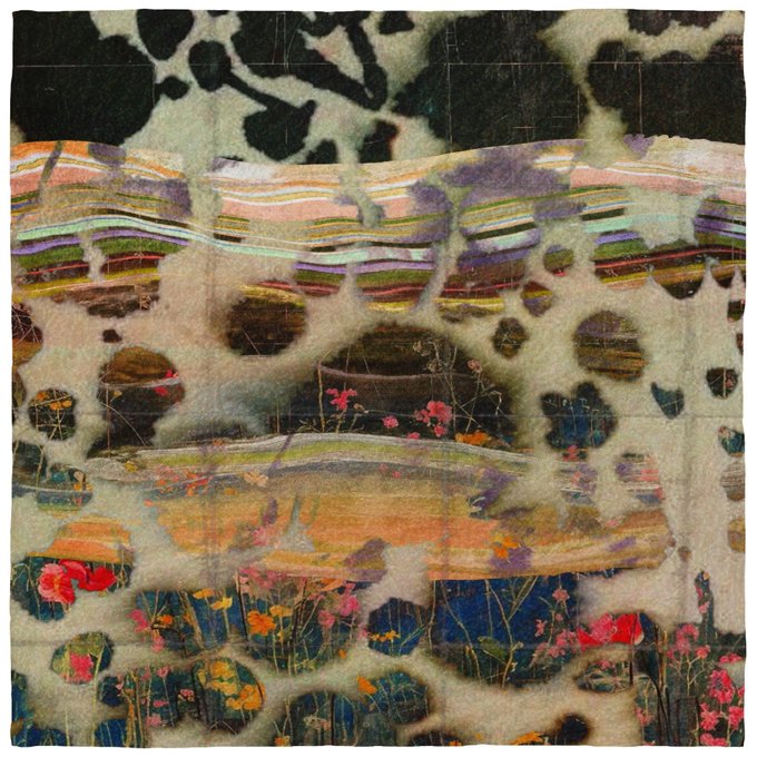 An abstract mixed-media artwork combining textured sponge-like overlays, colorful horizontal striations, and floral patterns with dark silhouettes.