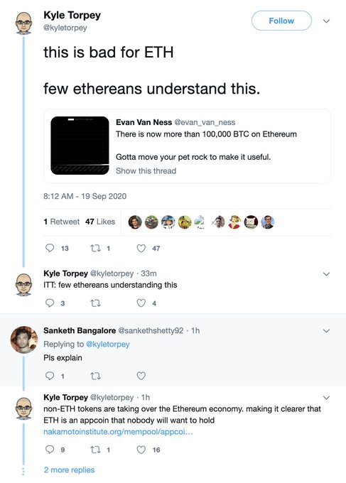 The focus of the image seems to be related to a discussion about ethers, specifically their current value. The image features a Twitter chat where people are using emojis and sharing their thoughts about whether ethers are overvalued or not at this moment. In the post that accompanies the image, there is a caption with additional information about ethers.