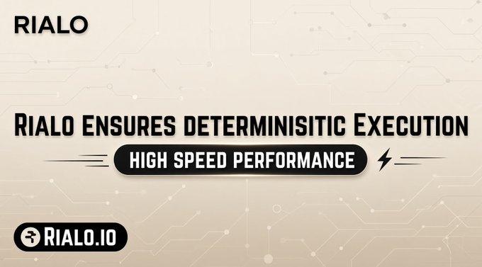 An advertisement for RIALO with the text "RIALO ENSURES DETERMINISTIC EXECUTION" and "HIGH SPEED PERFORMANCE", along with the website "RIALO.IO" displayed against a beige circuit-board background.