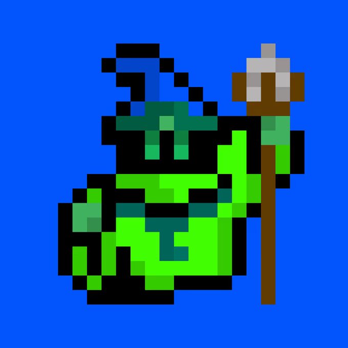 A pixel art illustration of a green-skinned character holding a wooden staff, set against a blue background.