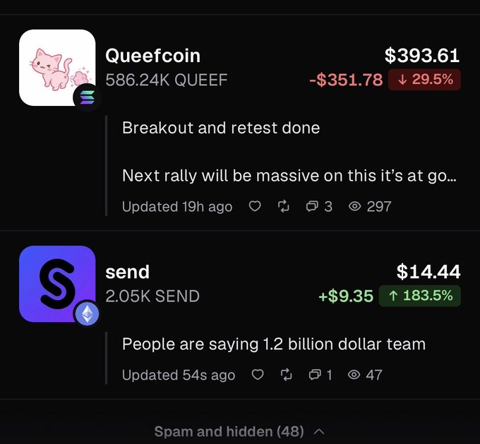 A cryptocurrency feed shows 'Queefcoin' (QUEEF) down 29.5% to $393.61 with commentary about a breakout and retest, and 'send' (SEND) up 183.5% to $14.44.