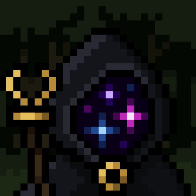 Pixel art depicting a dark, hooded figure with glowing purple and pink eyes, holding a golden staff and wearing a dark ring on a finger.