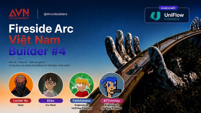 A promotional banner for 'Fireside Arc Việt Nam Builder #4' featuring host Lecter Vu and co-hosts from UniFlow Finance, set against the Golden Hand Bridge in Vietnam.