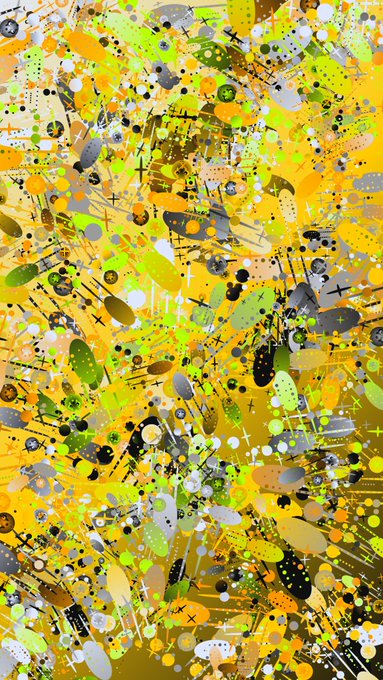 Abstract artwork featuring a chaotic composition of yellow, orange, and green shapes, dots, lines, and splatters.