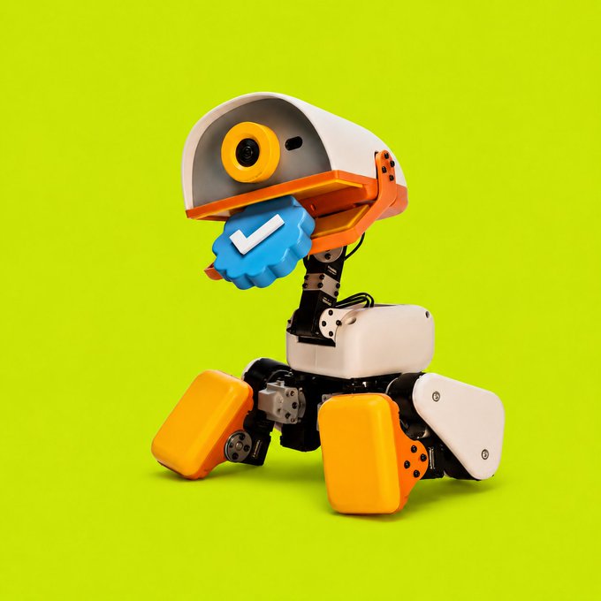 A small robot with a blue checkmark for a head stands against a bright green background, symbolizing the project's verified status. The image visually reinforces the "Premium Blue Ticket" milestone mentioned in the post, highlighting Microduck's push to become a leading RWA + meme project.