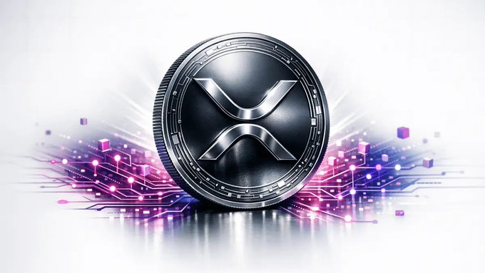 The image features a silver coin with an x symbol, which appears to be a Ripple token. The coin is placed on a white background that has purple and pink elements surrounding it. The text "Ripple gia nhập cuộc đua AI: Ra mắt XRPL AI Starter Kit, đưa XRP và RLUSD vào thế các tác nhân tự động! Cùng ngày trở thành đối tác AP4M của Mastercard, Ripple tiếp tục tung ra bộ công cụ phát triển" is written around the coin. The text appears to be in a foreign language and is not legible.