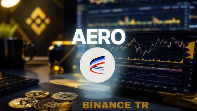 The image shows the Aerodrome ($AERO) logo and ticker prominently displayed against a backdrop of cryptocurrency trading charts on a monitor, with physical crypto coins (including Bitcoin) scattered on a desk and a Binance logo visible in the background. The "Binance TR" branding at the bottom highlights that AERO is now listed on Binance TR, illustrating its growing prominence as a key liquidity backbone project on Coinbase's Base network.