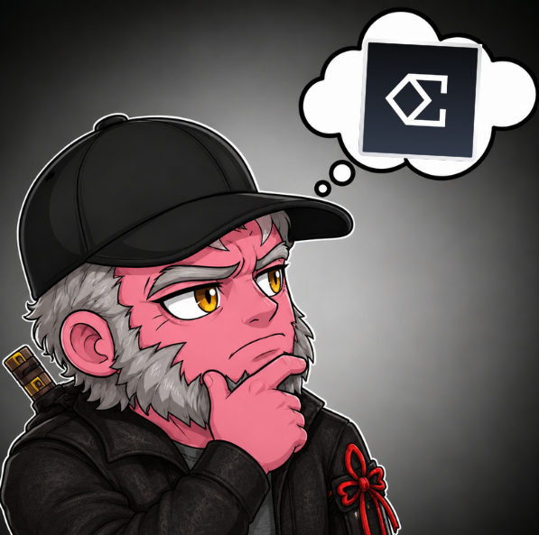 A cartoon illustration of a pink-skinned monkey wearing a black cap, with a thought bubble showing a geometric logo resembling the Cardano (ADA) symbol.