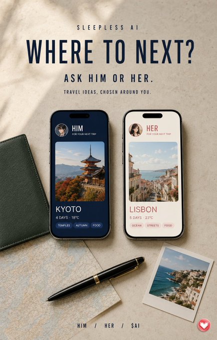 A Sleepless AI travel app advertisement shows two smartphones on a map—one featuring "HIM" recommending Kyoto (4 days, 18°C, temples, autumn, food) and the other "HER" suggesting Lisbon (5 days, 23°C, ocean, streets, food)—visually echoing the caption's invitation for couples to ask both perspectives before planning their next trip together.