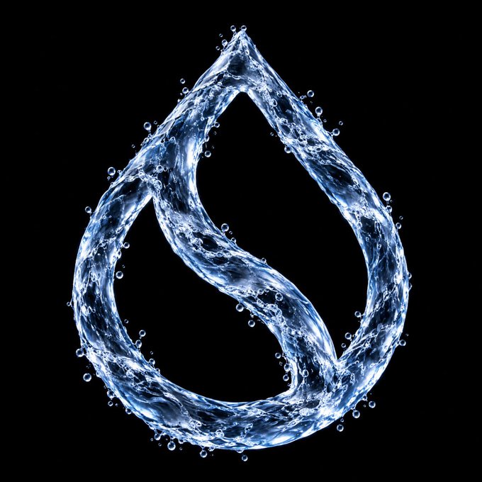 A glowing blue water droplet shape with an internal swirl design and small bubbles is rendered against a black background.