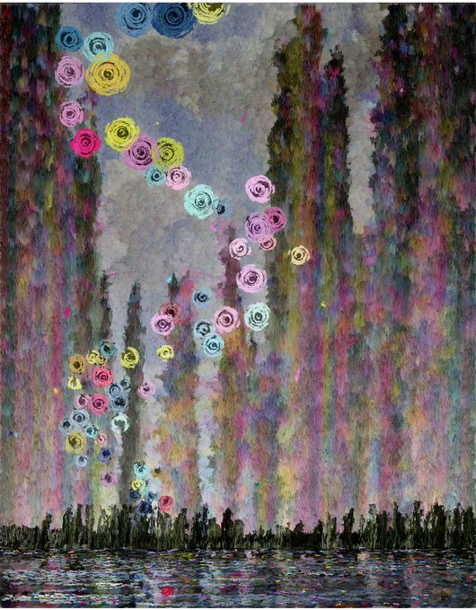 An impressionistic painting showing colorful, spiral-shaped flowers floating above a dark forest and water, reminiscent of Monet's style.