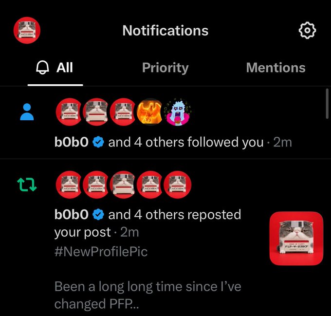 A mobile screenshot of a Notifications page shows accounts with the username 'b0b0' (verified) following the user and reposting their post with the caption 'Been a long long time since I've changed PFP...' and the hashtag #NewProfilePic.