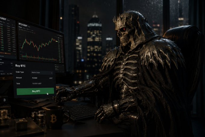 A skeletal armored figure sits at a desk in front of a monitor displaying a 'Buy BTC' interface on BTC/USDT with a Bitcoin mug nearby.