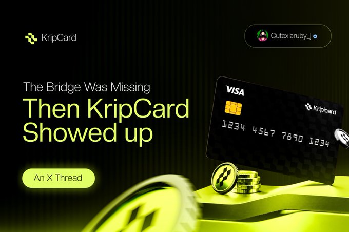 A promotional graphic for KripCard features a black Visa-branded crypto card alongside stacks of gold tokens, with the headline "The Bridge Was Missing Then KripCard Showed up" and a "KripCard" logo in the top-left corner, posted by user @Cutexianuby. The image illustrates the post's point about USDT's inability to be used for everyday purchases like coffee, bills, or hotels—suggesting KripCard serves as the missing bridge enabling crypto spending in daily life.