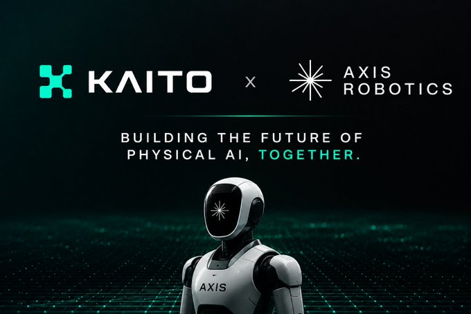 Promotional graphic featuring the KAITO and AXIS ROBOTICS logos with the tagline 'BUILDING THE FUTURE OF PHYSICAL AI, TOGETHER.' above a white humanoid robot labeled 'AXIS' against a dark teal digital background.