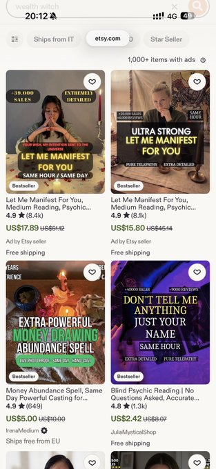 A mobile Etsy shopping screenshot displaying psychic and spell services like 'Let Me Manifest For You' at US$17.89 and 'Money Abundance Spell' at US$5.00.
