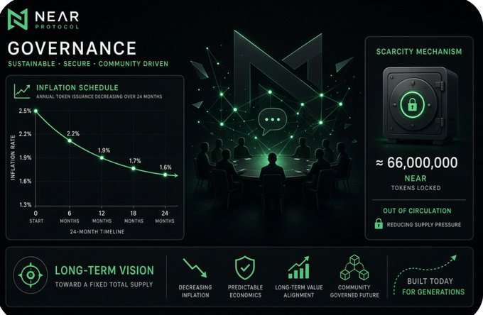 An infographic for NEAR Protocol Governance highlighting sustainable tokenomics, including an inflation schedule chart decreasing from 2.5% to 1.6% over 24 months and a scarcity mechanism with approximately 66,000,000 NEAR tokens locked.