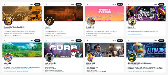 A collage of Twitter/X profile posts featuring various NFT and crypto accounts including 'Unipcs (aka 'Bonk Guy')', 'Han (@hanweb3)', 'KALEO', 'Slumto', 'soley', 'curio', '椰丝AI', and a Chinese-language AI Trading account.