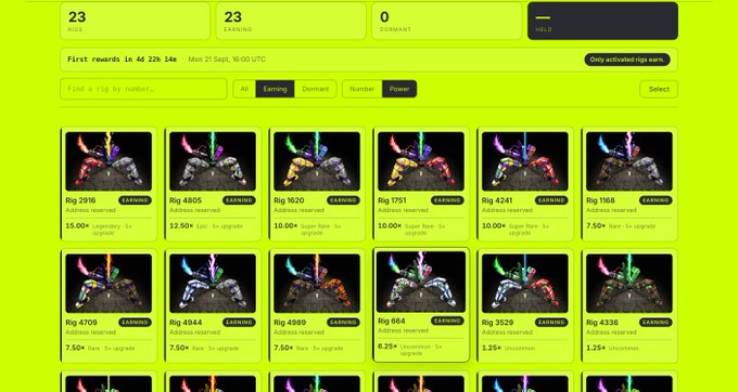 A yellow-themed NFT marketplace interface displaying various 'Rig' items listed for auction with reserve prices, showing recent bid amounts like '15.00K' and '12.50K'.