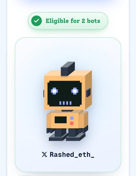 A pixel-art robot character labeled 'X Rashed_eth_' with a green checkmark badge reading 'Eligible for 2 bots'.