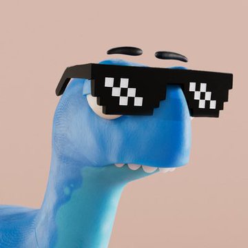 A blue plush character wearing pixelated 'thug life' style sunglasses, resembling Huggy Wuggy from Poppy Playtime.