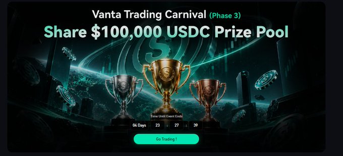 Promotional banner for the 'Vanta Trading Carnival (Phase 3)' featuring a $100,000 USDC prize pool, displaying three trophies and a countdown timer with a 'Go Trading!' button.