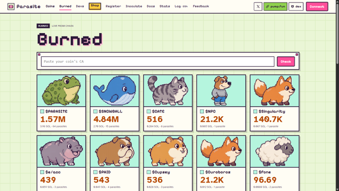 A pixel-art NFT marketplace interface titled 'Parasite' showing a collection called 'Burned' with various animal characters including '$PARASITE', '$SNOWBALL', and '$ORTE' along with their prices in SOL.