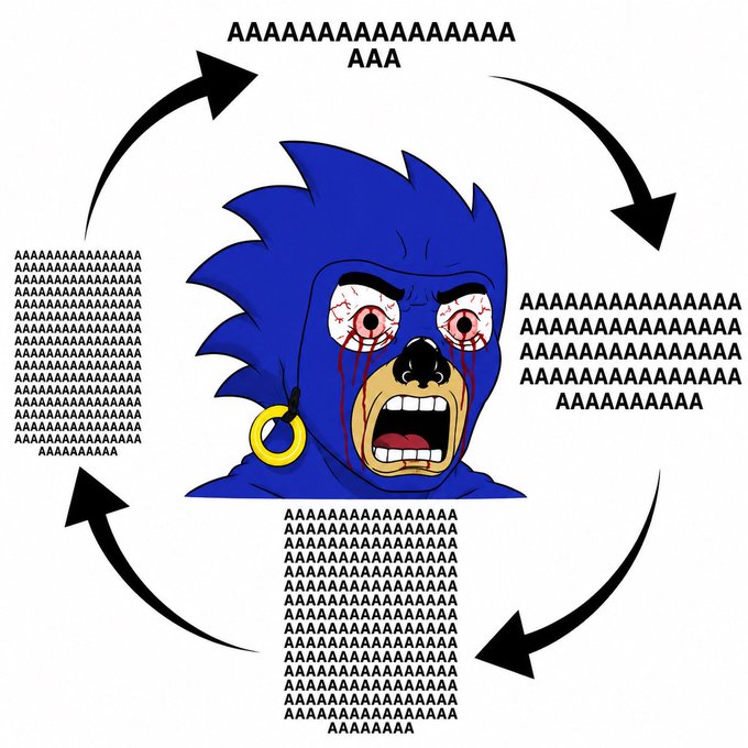 Meme illustration of a blue furry character screaming, surrounded by a circular arrow diagram filled with repeating blocks of the text 'AAAAAAAAAAAAAAAAAAA'.
