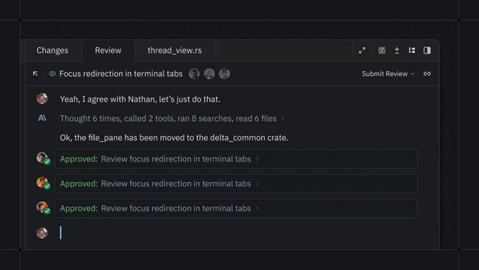 A code review interface for a 'thread_view.rs' file showing a comment thread titled 'Focus redirection in terminal tabs' with three approved reviews.