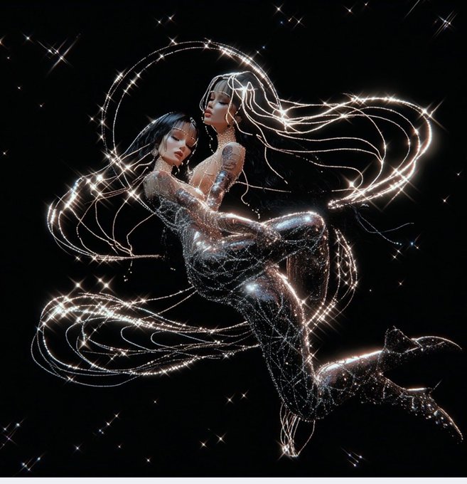 A fantasy artwork depicting two ethereal female figures with flowing black hair, their bodies shimmering with cosmic starlight and swirling energy against a black background.