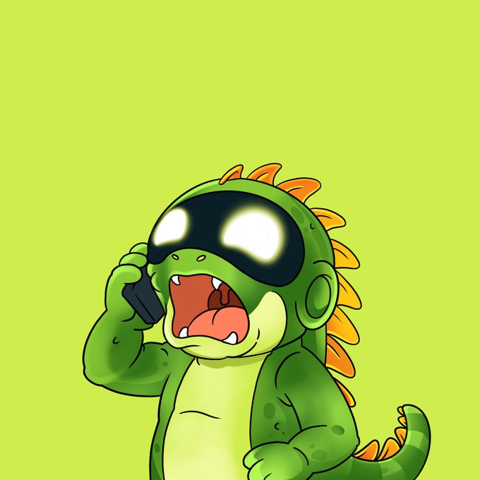 A cartoon illustration of a green dinosaur-like creature with glowing white eyes, holding a phone to its face with its mouth wide open.
