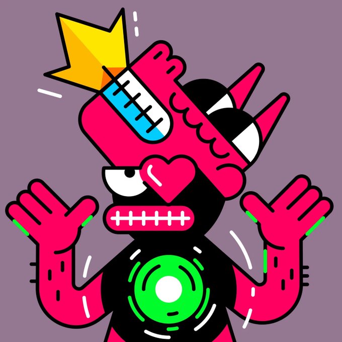 A colorful cartoon monster character with a beaker-shaped crown, heart eyes, and sharp spikes is shown, tying into the post's announcement of an upgraded NFT collection collaboration with @justPFPart and the $HBAR token.

(Note: There is no visible text, numbers, tickers, or names in the image itself — the captions must be inferred from the accompanying post.)