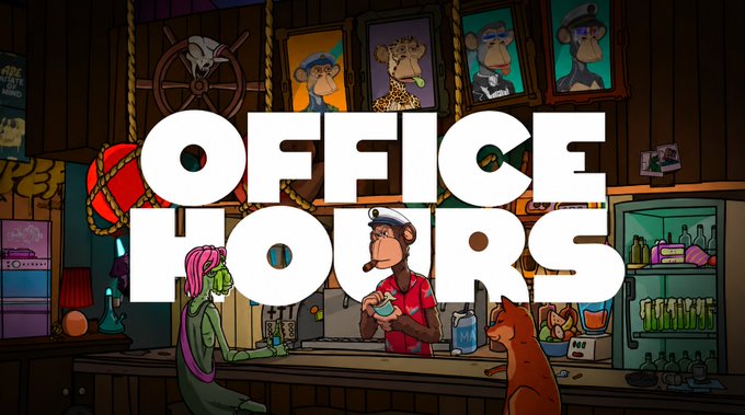 Title card for "OFFICE HOURS" featuring a cartoon monkey bartender serving drinks in a tiki-themed bar with framed portraits of other monkeys on the walls. The image ties to the post by visually representing CryptoGarga's casual, conversational Discord sessions as a laid-back "office hours" hangout rather than a formal announcement.