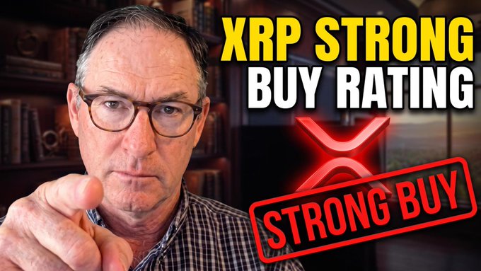 An older man with glasses points at the camera alongside bold yellow text reading "XRP STRONG BUY RATING" and a red "STRONG BUY" stamp, visually reinforcing the video's bullish outlook and prediction of a +40% surge for XRP.
