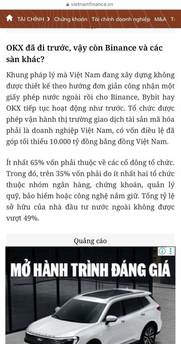 A Vietnamese-language article from vietnamfinance.vn discusses how Vietnam's regulatory framework doesn't simply recognize an offshore exchange like Binance, noting that OKX has invested in a domestic exchange, while foreign ownership cannot exceed 49%, aligning with the post's mention of OKX partnering with VPBank and others in CAEX.
