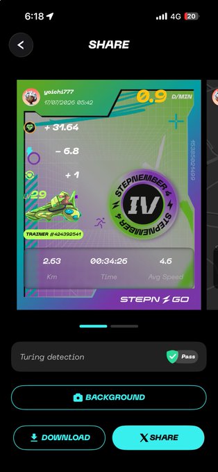 A screenshot of a STEPN share screen showing a workout summary with 2.63 km in 00:34:26 at 4.6 Avg Speed, earning 0.9 GST/MIN with +31.64 GST, dated 17/07/2026, and a 'Turing detection: Pass' status.