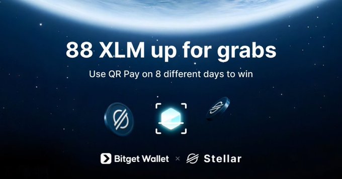 The image features a poster for an event, with a large blue planet as its backdrop. The poster includes text that reads "88 XLM up for grabs" and "Use QR Pay on 8 different days to win", indicating that there's a contest or giveaway going on where people can enter their name and receive 88 XLM in return.