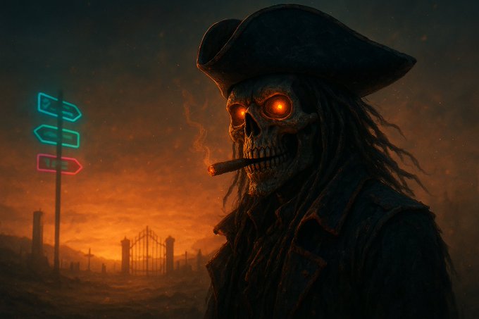 A digital illustration depicts a skeletal pirate wearing a dark hat and smoking a cigar, with glowing orange eyes, set against a fiery orange and dark sky with a neon signpost and silhouetted gates.
