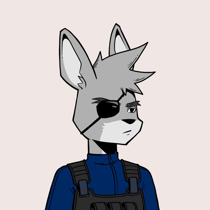 A digital illustration of an anthropomorphic grey wolf character with an eyepatch, wearing a blue jacket and black tactical vest against a light pink background.