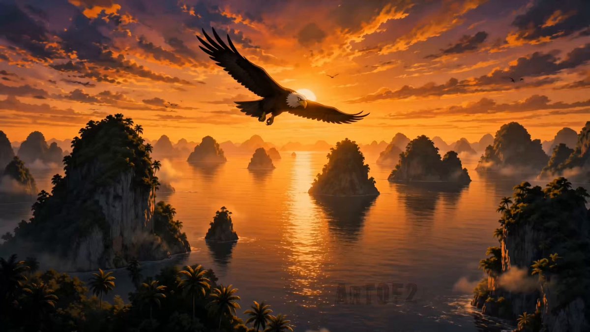 The image shows a bird flying towards the sun with an orange sky serving as its backdrop. The sunset is seen over a tropical island landscape, possibly in Asia or Australia due to certain descriptions provided for the photo. A caption in the image mentions the presence of "jungle bay memes" and "@bankrbot send this legend @JungleBayAC MEMES @itiswhar". This suggests that the viewer has found interesting content related to these specific locations, possibly as part of a social media or online community interaction.