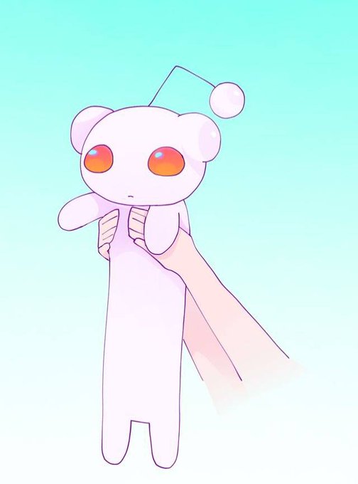An illustration of a small white cartoon character with a bear-like head, orange eyes, and an antenna, being held up by a pale hand against a teal background.