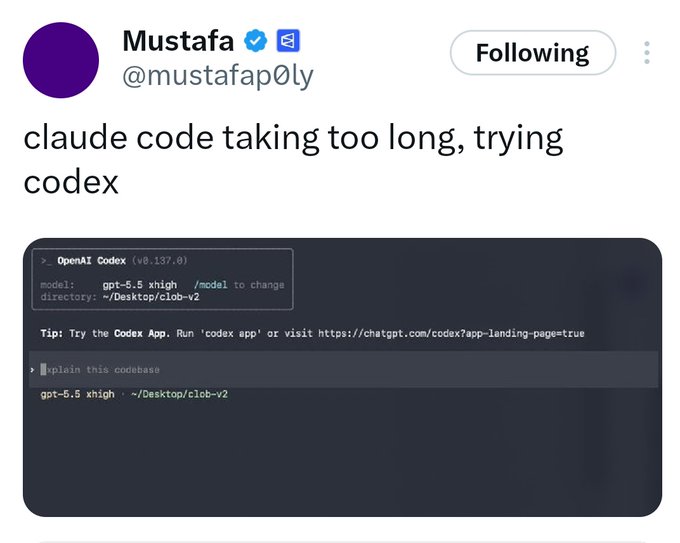 In the image, there is a social media post from someone who follows Mustafa. The content of this post revolves around a code taking too long, causing issues with the application. The post contains a screenshot showing the problematic code that appears to be slowing down the system or causing errors. It also mentions an upcoming airdrop where they will receive a new software version to fix these problems. Additionally, the person is trying to explain the situation by stating "Claude Code taking too long, trying codexx", which may be a reference to the code problem in question.