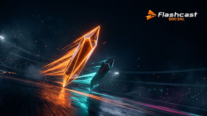 A sleek, futuristic graphic featuring glowing orange and teal crystal-like shapes racing across a dark track, with the 'Flashcast Social' logo in the top right corner.