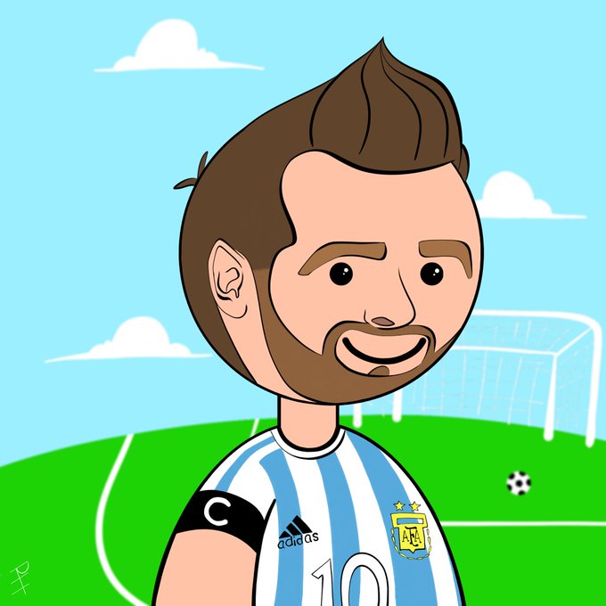 A cartoon Bitmoji-style avatar of a bearded man with brown hair wearing an Argentina national team #10 soccer jersey on a green field with a goalpost.