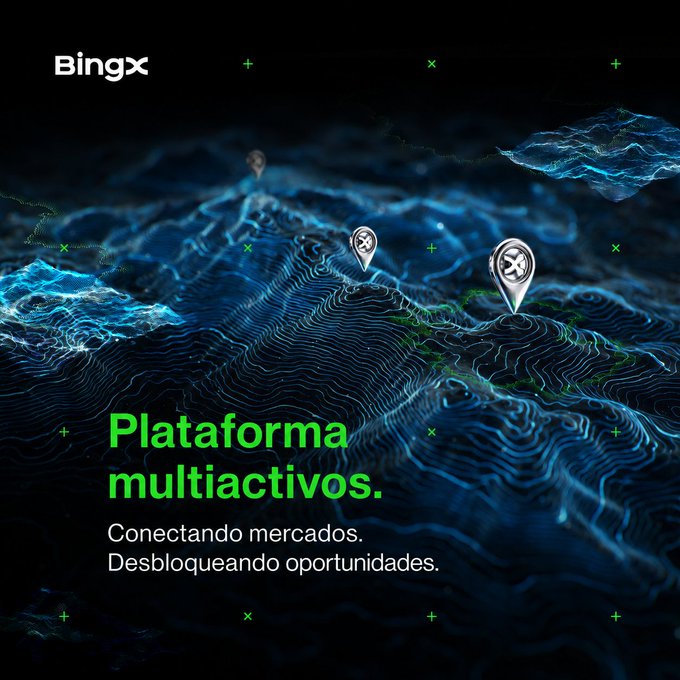 A promotional advertisement for 'BingX' features a dark blue topographical map background with text reading 'Plataforma multiactivos. Conectando mercados. Desbloqueando oportunidades.'