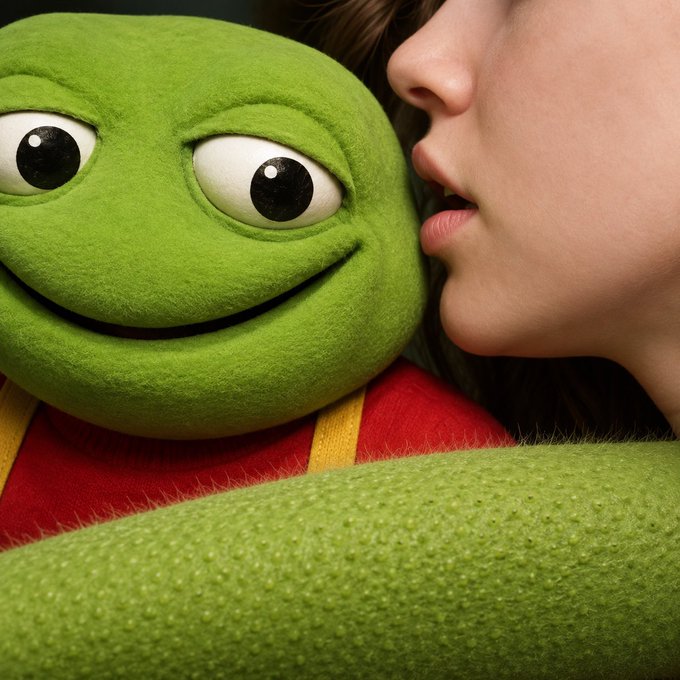 A close-up image shows a green frog-like plush character whispering into the ear of a person, with the plush wearing a red and yellow garment.