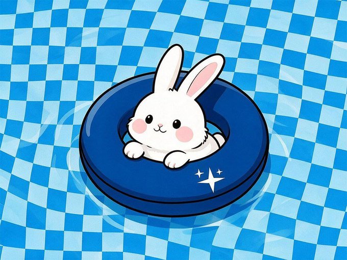 A cute cartoon illustration of a white bunny with pink cheeks floating in a blue inner tube on a blue checkered water surface.