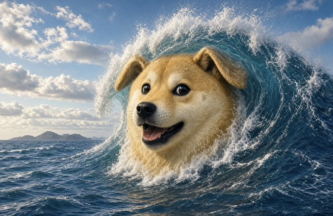 A surreal digital artwork of a smiling Shiba Inu dog's head emerging from a large ocean wave.